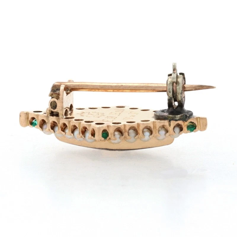 Antigua insignia de fraternidad Psi Upsilon - prendedor de esmeraldas y perlas de semillas de oro de 14 k 1898 Foto 2 de 4