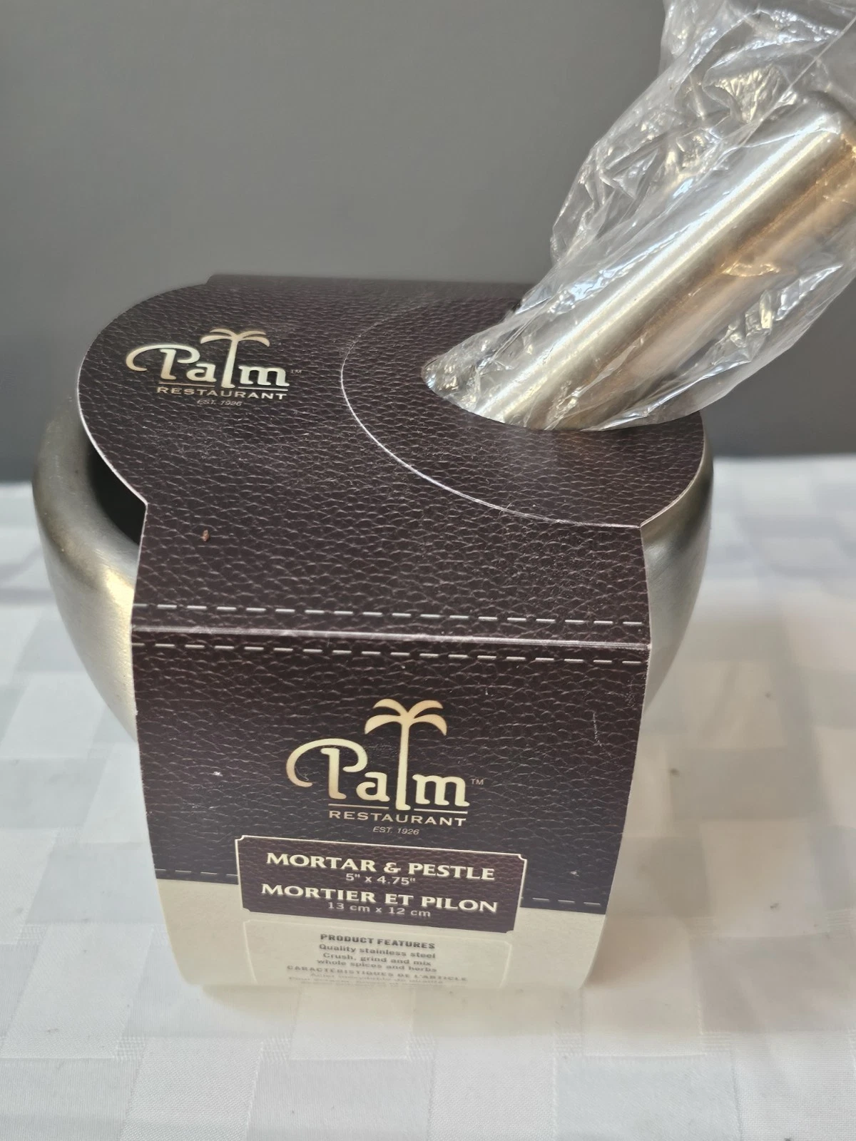 Palm Restaurant Stainless Steel Mortar & Pestle Kitchen Spice Grinder w Box