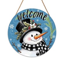 Welcome Winter Sign for Front Door Decor Snowman Snowflake Plaid Wood Signs Deco