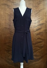 DKNY Sleeveless Belted Utility Dress Womens 16 Navy A-Line Button Front A-Line 