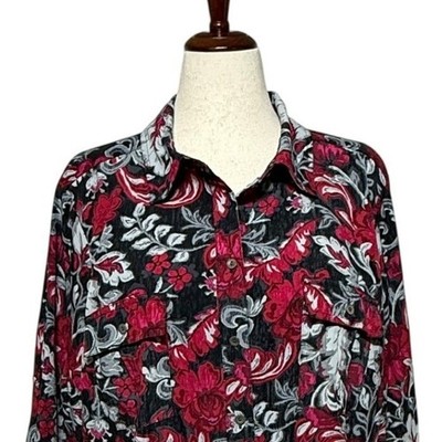 Croft & Barrow Top Shirt Womans 3X Red Black Floral Button Up 3/4 Sleeve Blouse