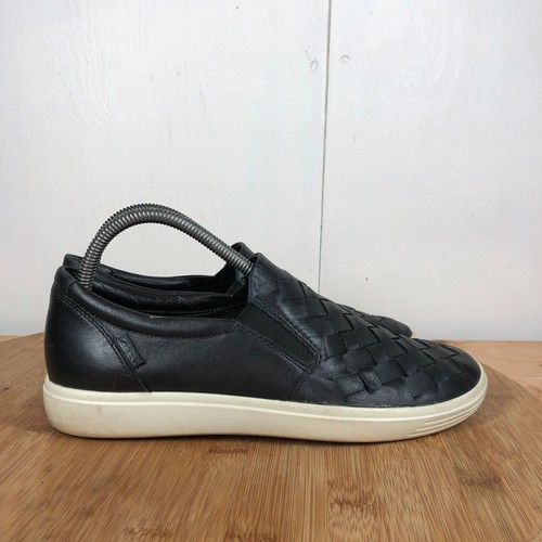 Ecco Shoes Womens 9 Black Woven Leather Soft 7 Slip On Casual Sneakers
