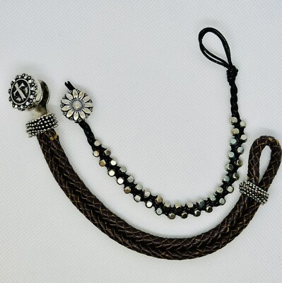 2 Braided Bracelets - Ginger Snaps Brown, Black Cord Silver Box Bead Flower
