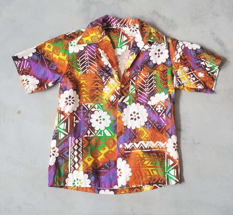 Vintage 60s Psychedelic HAWAIIAN Floral Cotton ALOHA Shirt Large
