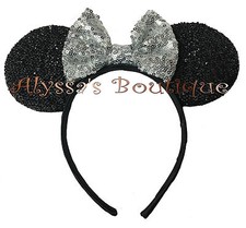 Minnie Mouse Ears Headband Shiny Black With Silver Bow Birthday Party Favors NEW