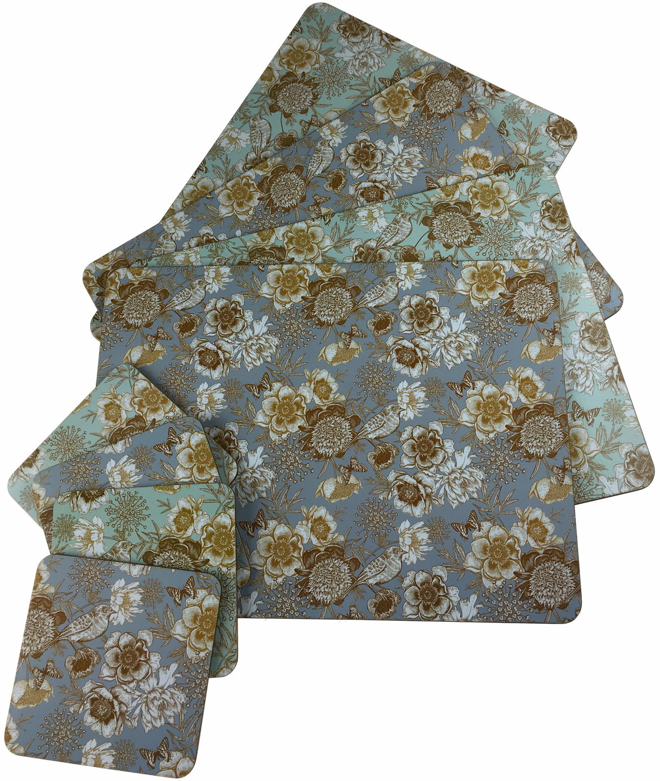 Set Of 4 Songbird Duck Egg Blue Gold Floral Dinner Place Mats And Coasters