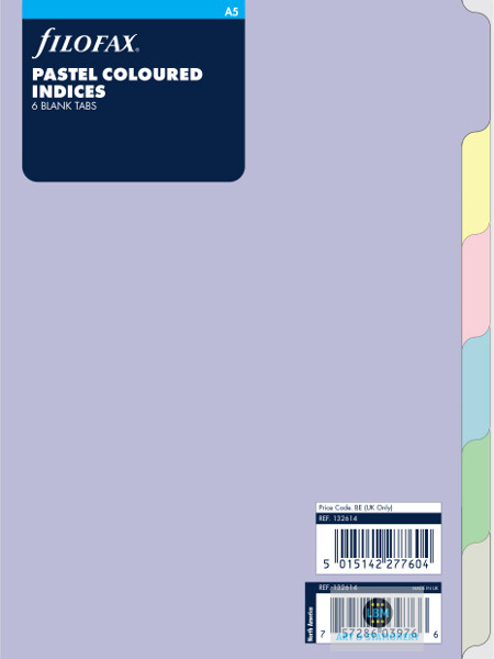 Filofax A5 size Index Pastel Coloured (6-Part Blank Tab) Divider Refill 132614