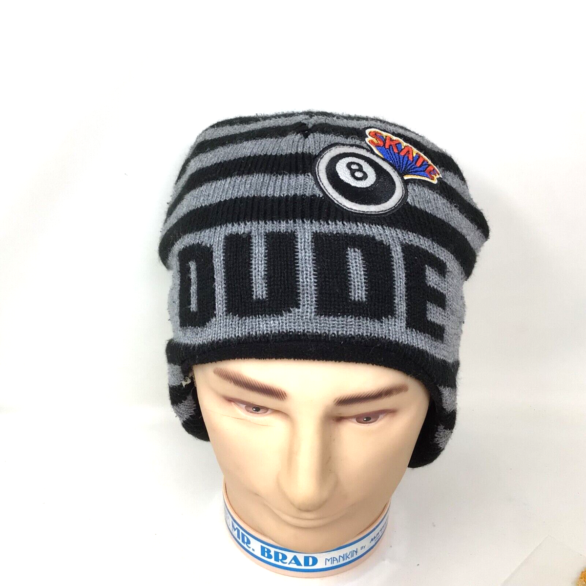 Dude Skate Eight Ball Beanie WInter Hat Cap Gray Black Striped
