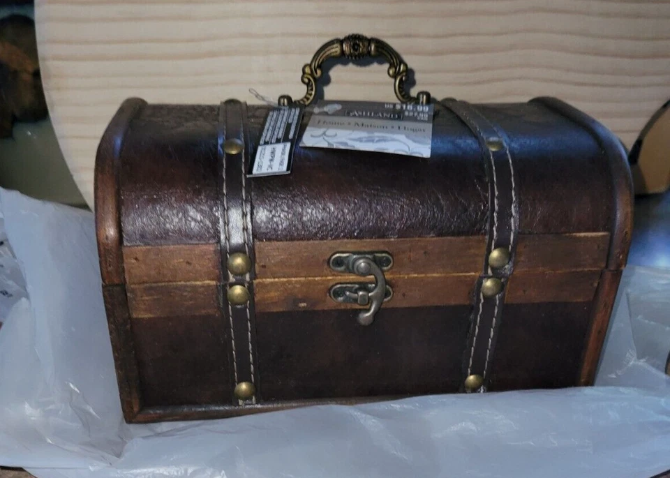 Ashland Collection Brown Wood & Brown Rustic Faux Leather Trunk w/ Brass Accents - Image 2 of 4