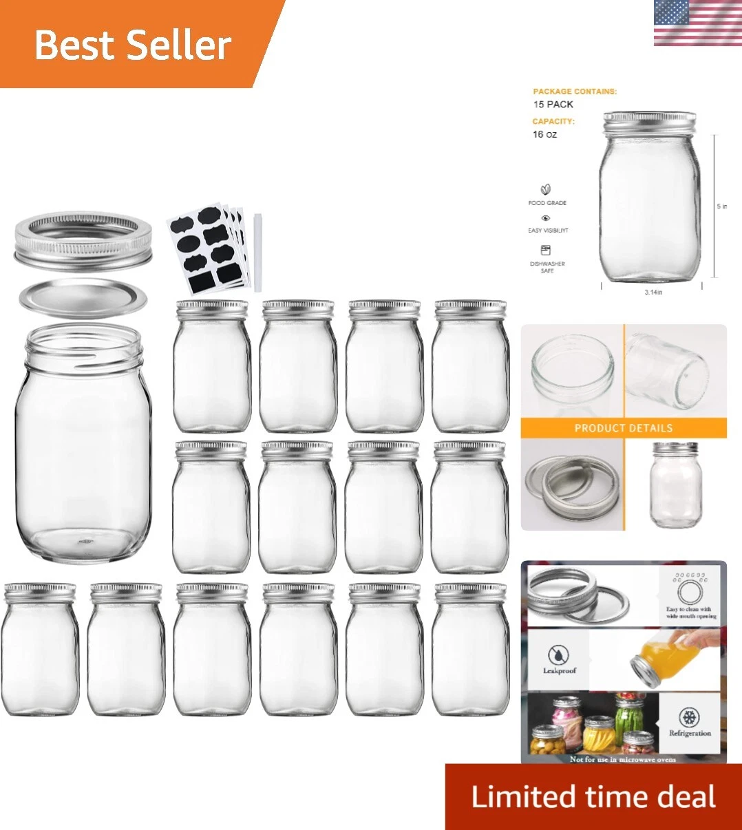 Set of 15 Airtight 16oz Glass Mason Jars with Lids - Perfect for Favors