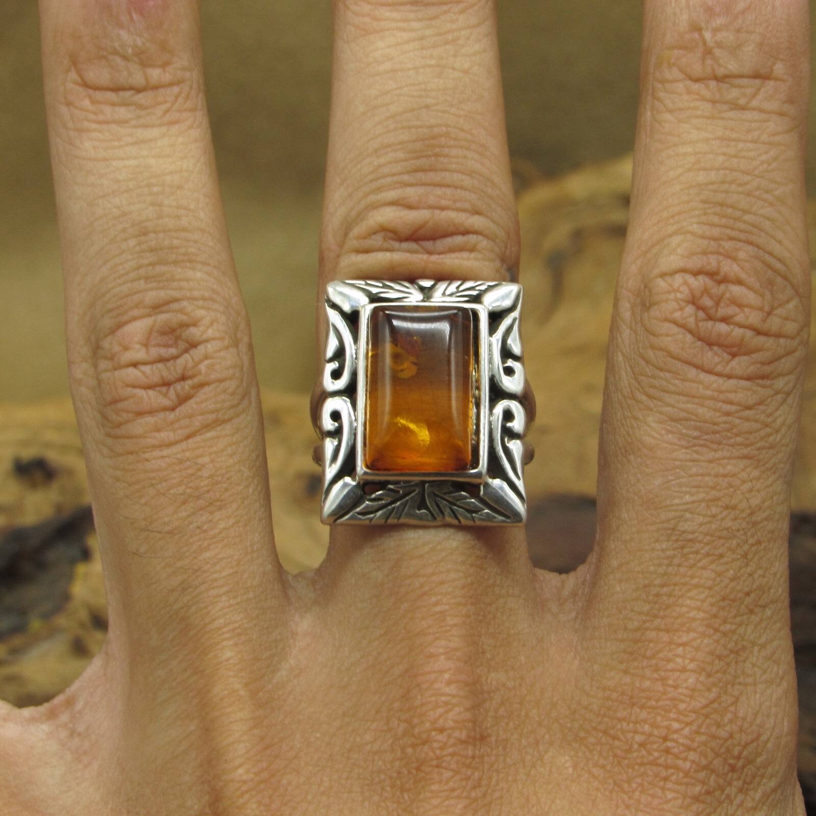 Sterling Silver Rectangular Amber Ring with Inclu… - image 6