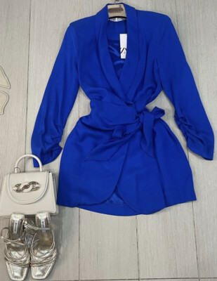 royal blue blazer dress Zapakasa Women Navy Satin Midi Blazer Dress with Sleeves Notched Lapel  Pencil Single Breasted Work Dress main image 0
