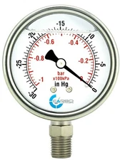 1-1/2" Vacuum Gauge Stainless Steel Case Liquid Filled 1/8"NPT Low Mnt -30 Hg/0
