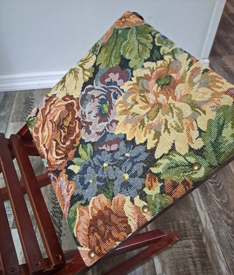 Foldable Rocking Footrest Wood W Tapestry Floral Cushion Upholstered Cottage - Image 4 of 4