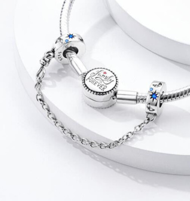 Star Moon Blue Crystal Safety Chain Charm 925 Sterling Silver