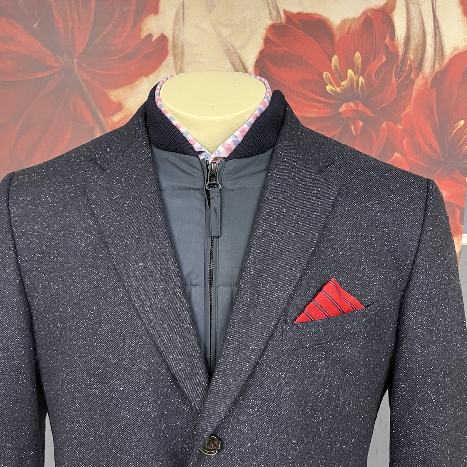 Hugo Boss Bib Insert Blazer 男式 42R 修身羊毛尼龙丝绸法兰绒斑点海军蓝 — 第 4/4 张图片