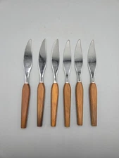 6 Fleetwood "Designer" Steak Knives Teak Handles MCM Cutlery 