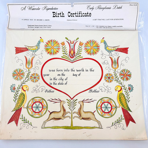 Fraktur Birth Certificate Blank Pennsylvania Dutch Jacob Zook 1967 Vintage