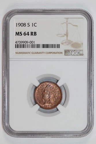 1908-S INDIAN HEAD CENT NGC MS64 RB - JUST MISSES RED!