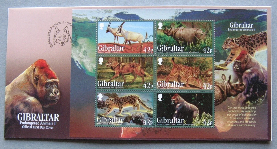 UK Gibraltar Stamp FDC 2012 Endangered Animals Wolf Rhino Leopard Gorilla Deer - Image 2 of 4