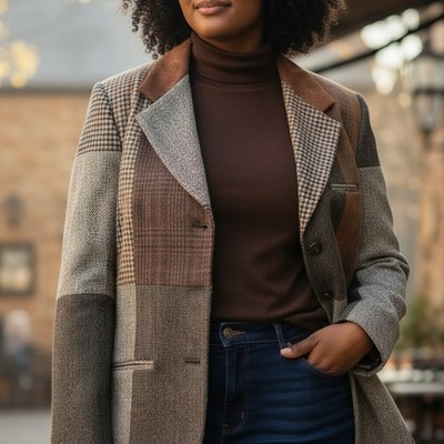Vintage International Scene Tweed Patchwork Wool Suede Blazer Jacket Women's 18