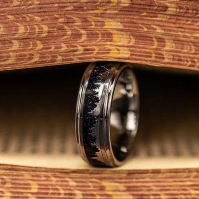 Men's 8mm Silver Engraved Starry Night Wedding Band with Blue Sandstone