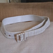 White Textured Wide Waist Belt with Pearl Buckle for Women Adjustable Preppy