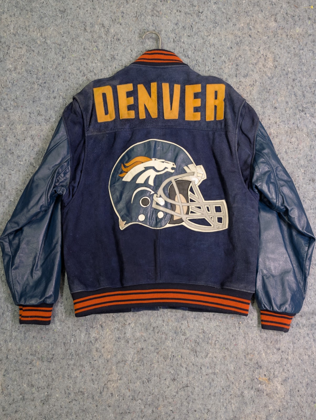Vintage 90s Denver Broncos Suede Leather Varsity Jacket LRG Helmet Logo Spellout