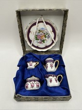 Vintage Boxed Limoges Miniature Tea Set Purple Border Floral Dollhouse Porcelain