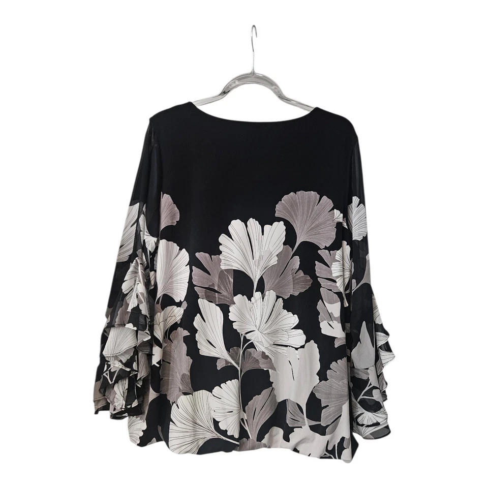 Alfani Mujer 1X Blusa Dobladillo Burbuja Floral Elastizada Mangas Transparentes Volantes en Cascada Foto 2 de 4