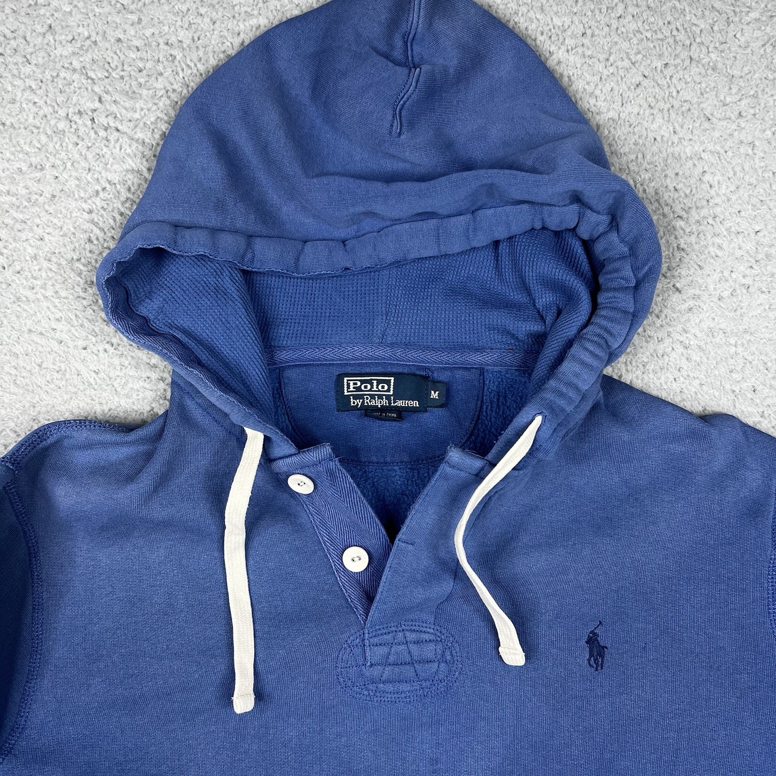 Vintage Polo Ralph Lauren felpa con cappuccio uomo blu medio rugby toppa gomito Henley Pony