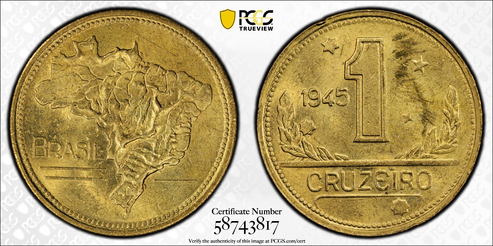 Brazil 1945 1 Cruzeiro Mald-676.07 PCGS MS 63