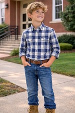 Brooks Brothers Fleece Boys' Button Down Shirt Medium Blue Plaid Long Sleeve