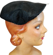 1950s Vintage Mid Century Black Cocktail Hat, Rosette Detail
