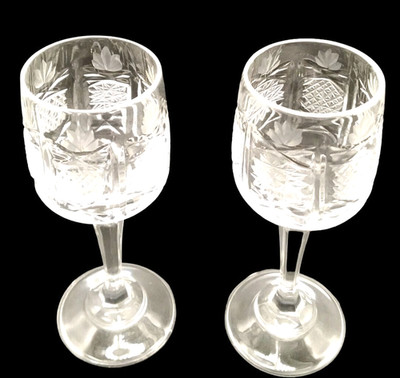 Vintage 1960s Czech Bohemia Hand Cut Crystal Cordial Stem Shot Glasses 2pc Set