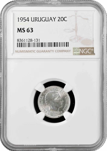 Uruguay 20 centesimos 1954, NGC MS63, "Peso (1862 - 1974)" silver coin