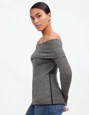 Madewell XS Alpaca Blend Off The Shoulder Sweater, Navy Stripe Fitted Top NEW