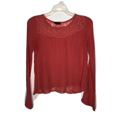 Mine Lace Crinkle Top Women's Size Small Coral Lace Long Trumpet Sleeves