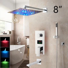 LED Chrome Shower Faucet System Set 8inch Rainfall +3-Functions Mixing Valve Tap