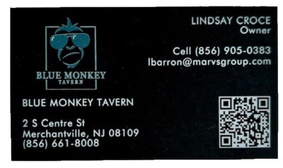 FREE SHIP! Business card Blue Monkey Tavern, Merchantville NJ (Lindsay Croce)
