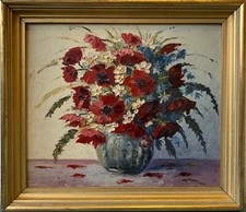 Quadro a Olio Su Masonite Natura Morta Fiori Papavero 44,3 X 50,6 CM 20. Secolo