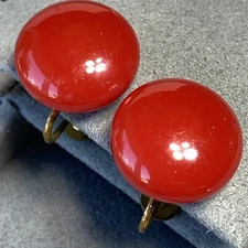 Vintage Screw-Back Red Lucite Plastic Button Earrings 3/4" Mid-Century Modern