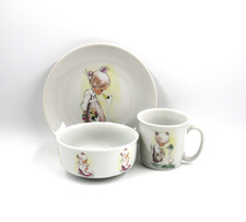 Precious Moments 1980 Enesco Children's 3 Piece Cup Bowl Plate set Girl  Goose