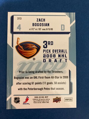 2008-09 Upper Deck MVP Zach Bogosian Rookie #313 Atlanta Thrashers
