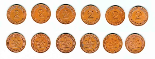 BW15 circulation coins Germany 2 Pfennig copper 6 pieces (5 different)