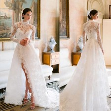 Chic 2 Pieces Lace A Line Wedding Dresses High Neck Thigh High Slits Bridal Gown