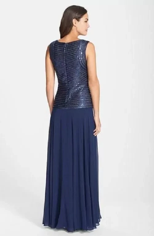 JS COLLECTIONS Navy Sequin Ribbon Chiffon Maxi Skirt Hourglass Gown Dress 10 = M - Image 2 of 4