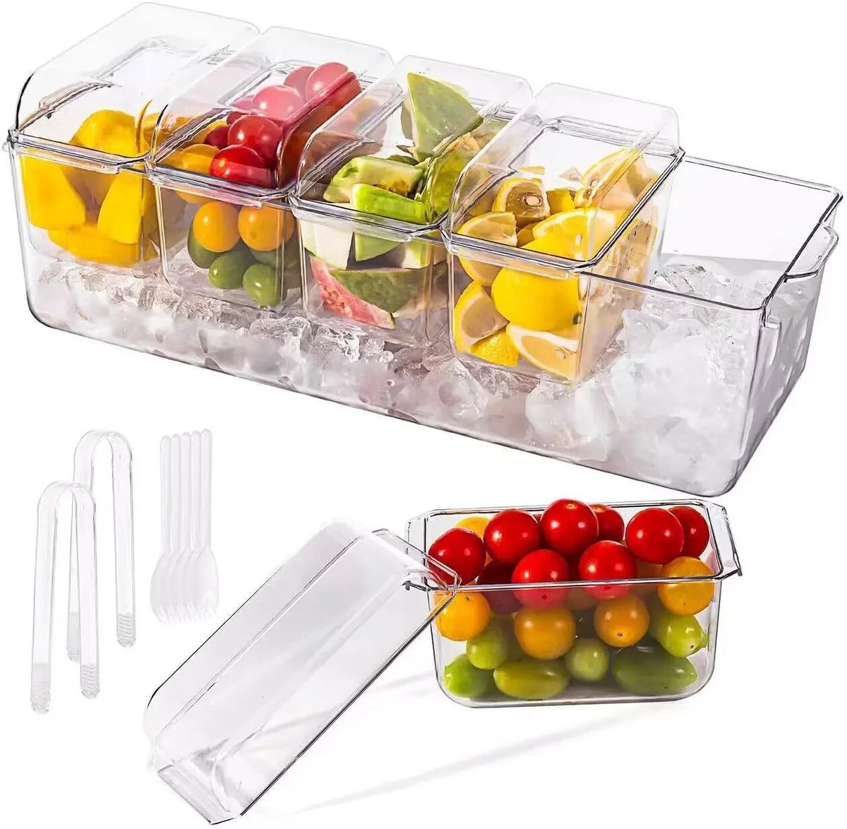 Garnish Tray For Bartenders 5-Compartment Plastic Condiment Caddy With Lid - Ice Cooled Serving Tray For Parties & Restaurants Veggie Tray
