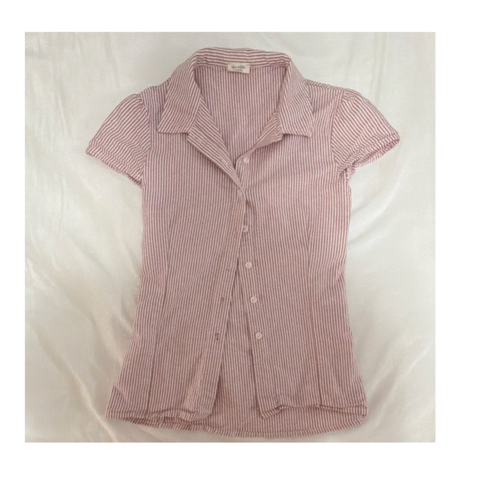 Brandy Melville Pink White Striped Collared Short Sleeve Button Blouse XS