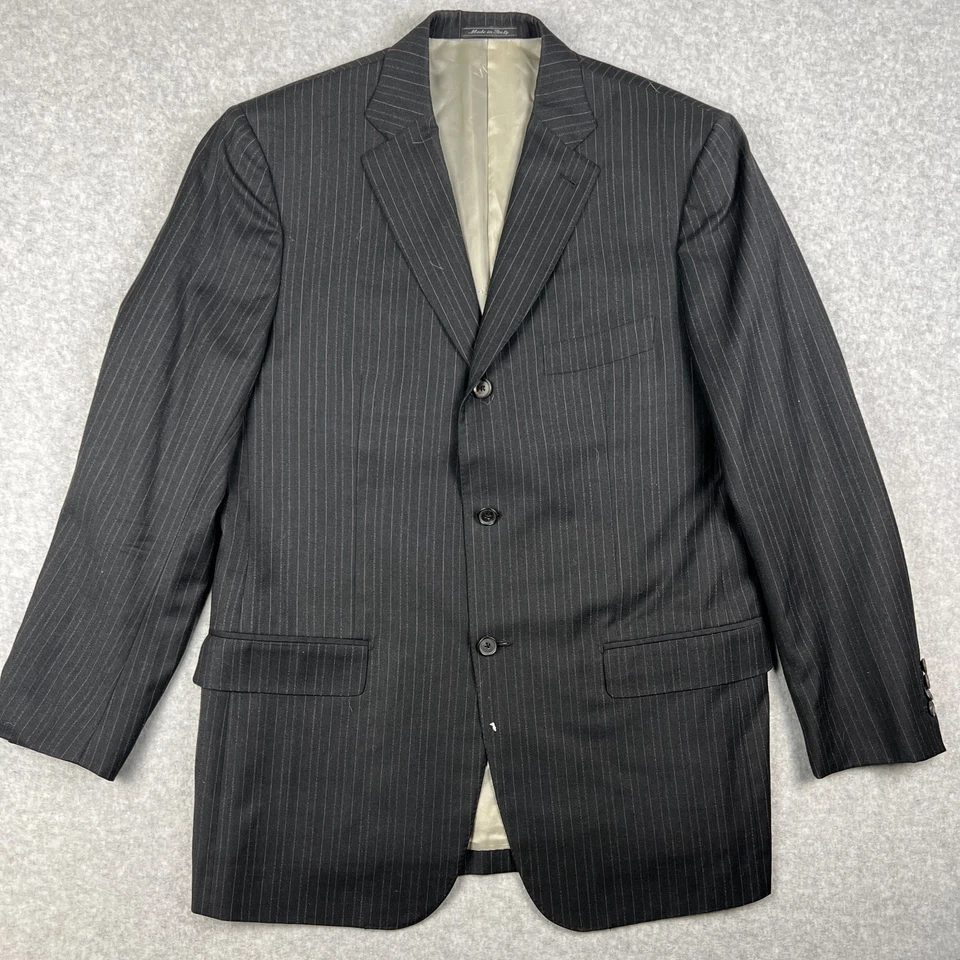 Isaia Napoli Wool Suit Set Coat Blazer Pants 44R Mens 34x33 Black Striped READ - Image 2 of 4